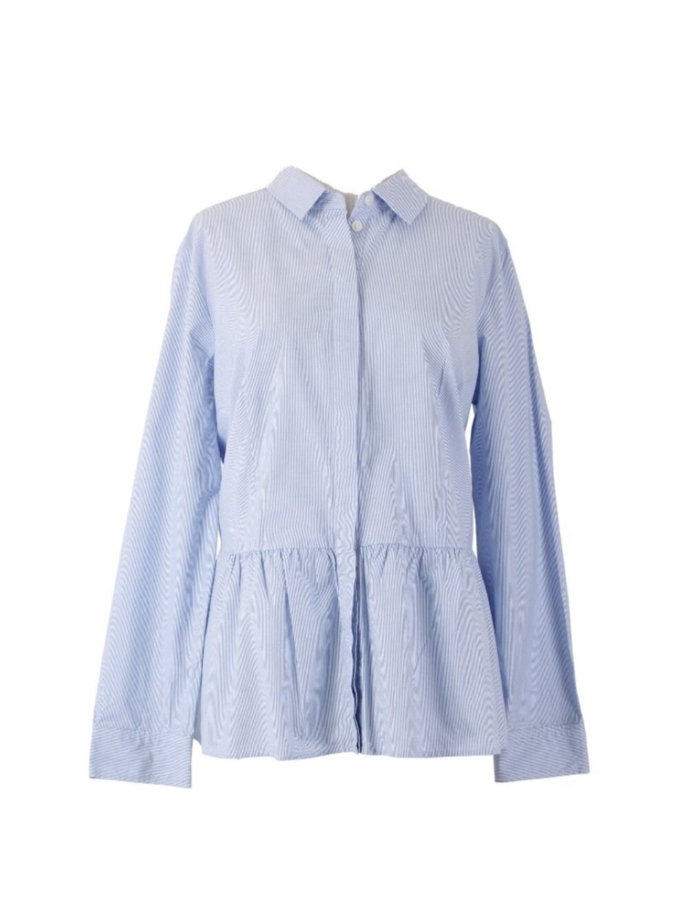 Talbots Top Sz L Blue White Striped Collared Buttons Peplum Hem 100% Cotton Top